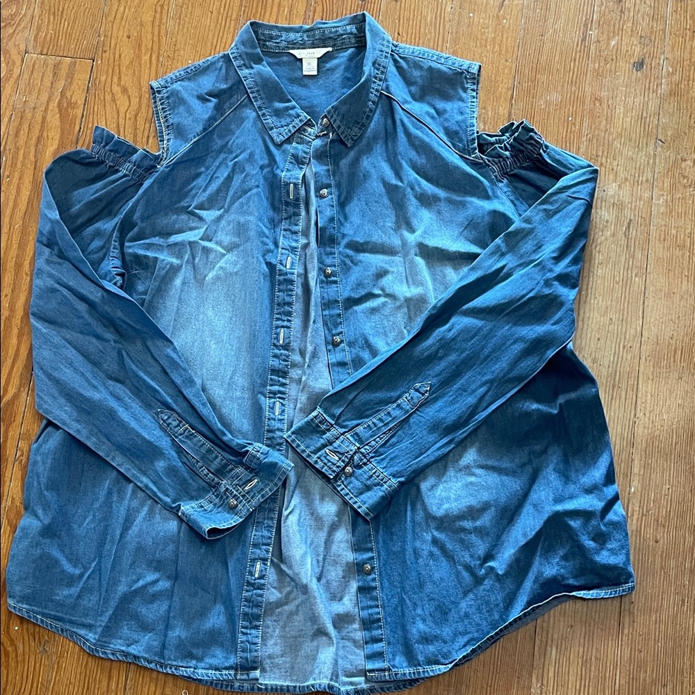 Cato Blue Denim Cold Shoulder Blouse